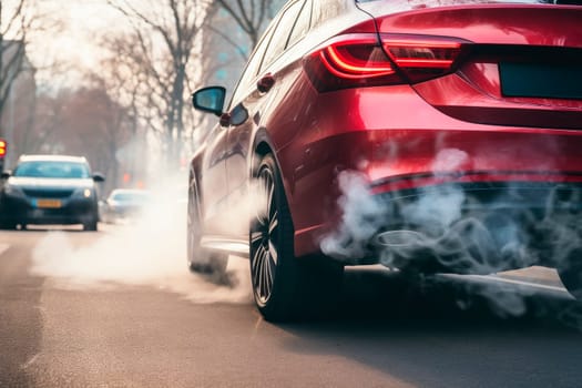 Combustion fumes coming out of car exhaust pipe. Car rush hours city street. AI generated