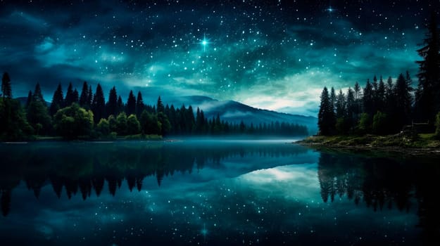 Beautiful night sky with many stars on a lake with  forest and mountains on the other coast. AI generated