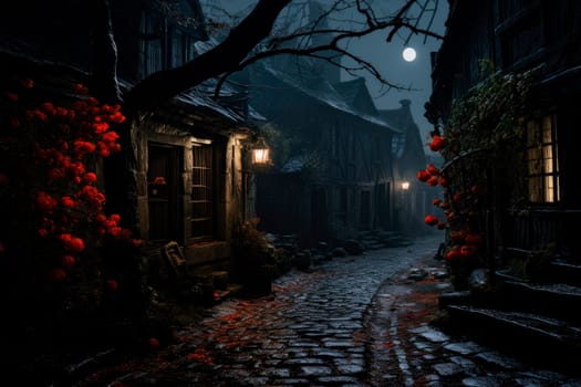 Dark street in a haunted village at night. A narrow cobblestone street at medieval style village. AI generated