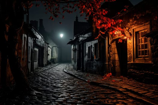 Dark street in a haunted village at night. A narrow cobblestone street at medieval style village. AI generated