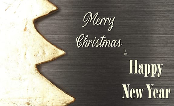 Close up of a golden tree shape on a dark brushed metal background with text Merry Christmas and a Happy New Year