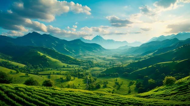 Green valley with tea plantations. Beautiful landscape view of tea plantation on bright sunny day. AI generated
