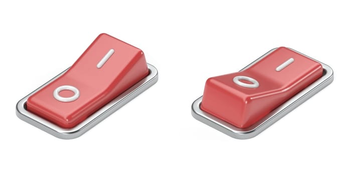 Red plastic switch on and off button 3D rendering illustration isolated on white background