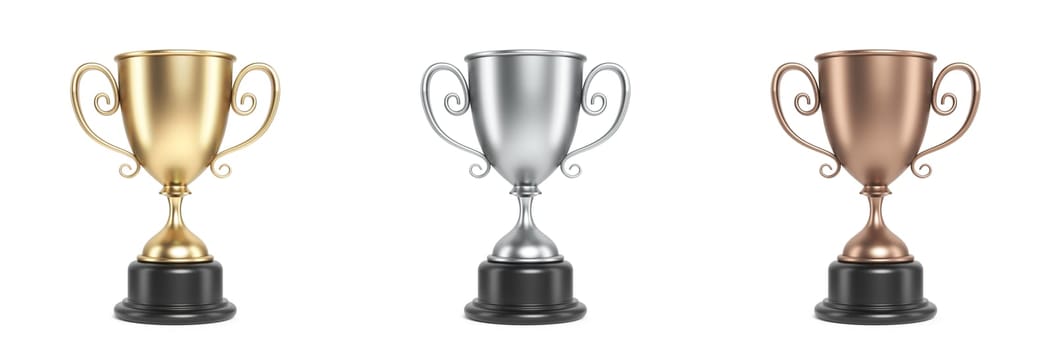 Golden, silver and bronze trophy 3D rendering illustration isolated on white background