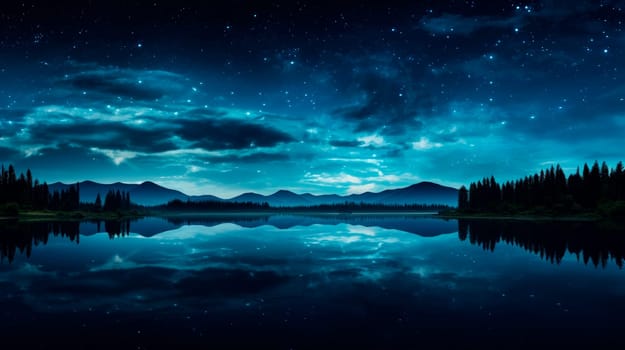 Beautiful blue night sky with many stars on a lake with mountains on the other coast. AI generated