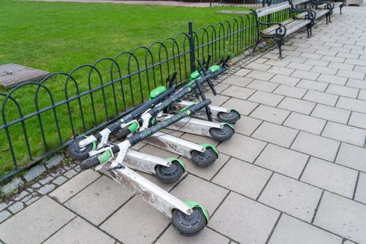STOCKHOLM, SWEDEN- DECEMBER 23, 2020: e-scooters for hire in the swedish capital