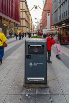 STOCKHOLM, SWEDEN- DECEMBER 23, 2020: dust bin in the city center of stockholm
