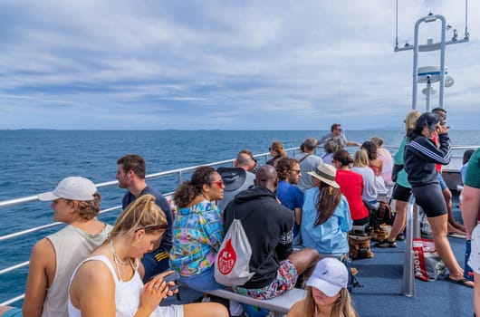 Nadi, Fiji - 24 May, 2023: Group of tourists on a ship in the coast of Nadi, Fiji Islands