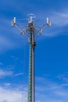 Fatima, Portugal: 30 April 2023: Working at a cellphone antenna tower for maintaining. technician worker repair telecommunication tower. Fatima, Portugal