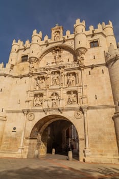 Burgos, Spain - 10 August 2022: Fourteenth century Arch of Santa Maria in Burgos, Spain