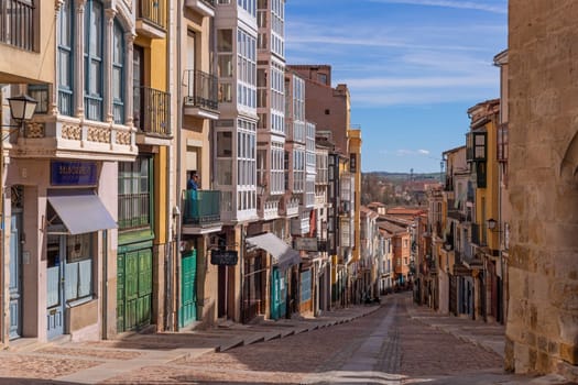 Zamora, Spain: 23 March 2023: Picturesque street with colorful facades in Zamora city center