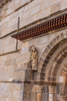 Santiago pilgrim sculpture Romanesque Church of Santa Marta de Tera XI century Via de la Plata Castilla y Leon Zamora Province. Spain
