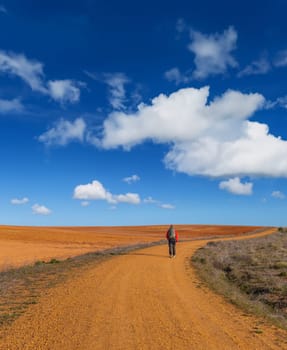 Extremadura, Spain, 27 March, 2023: Pilgrim walk along the Camino De Santiago, the Way of St. James pilgrimage route, Extremadura, Spain.