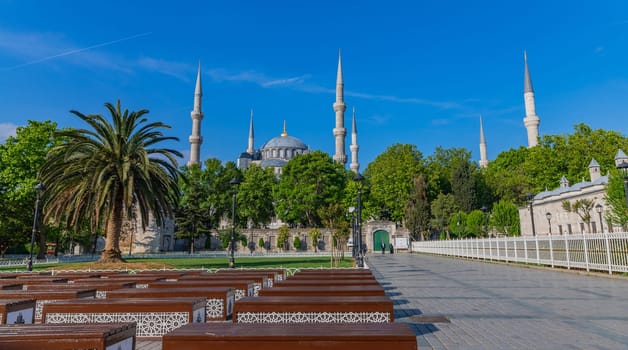 Istanbul, Turkey - June 05, 2023: People Walking in the Park with Blue Mosque in the Background