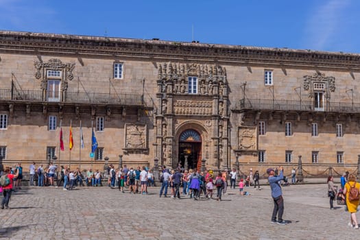 Santiago de Compostela, Spain: April 05, 2023. Main Square at the Cathedral of Santiago and Obradoiro Square. Tourists and pilgrims