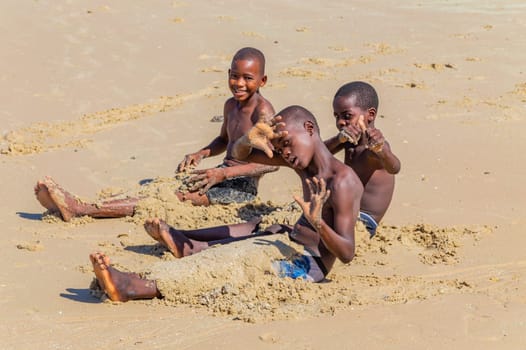 Inhaca Island, Mozambique, 27 August, 2022: Children play at a beach on Inhaca Island, Mozambique