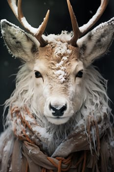 Surreal hybrid creature Elaphocentaurs half woman half deer in mythologie standing in the forest, winter season with snow, christmas