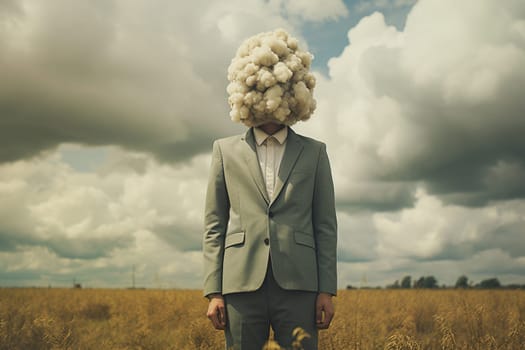 Depression, trauma, loneliness and mental health, brain fog by dementia, social issue and shyness, man with head in cloud