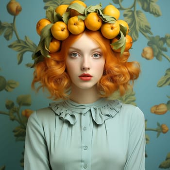 Portrait of a woman with fruit in her hair, oranges and leaves, healthy eating, harvest