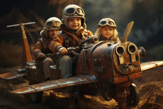 Happy, laughing children flying an airplane, childhood adventure and friendship, pilot playing to take off with a plane