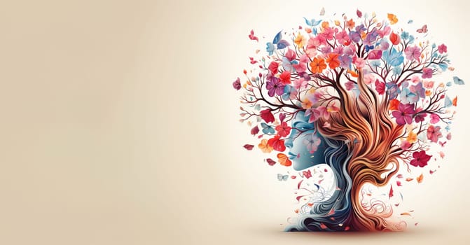 Human mind with flowers and butterflies growing from a tree, positive thinking, creative mind, self care and mental health concept