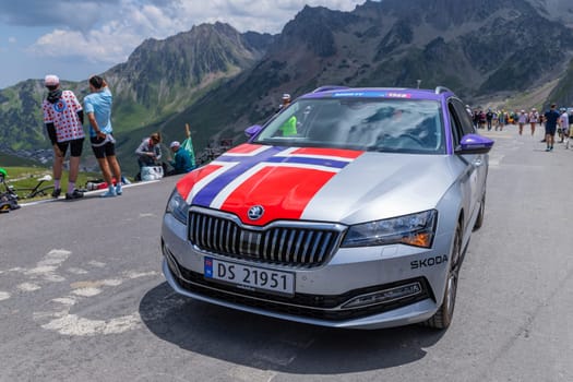 Col du Tourmalet, France - July 06 2023: Caravan car at the top of the Col du Tourmalet in Pyerenees mountains during the stage 6 of Le Tour de France 2023
