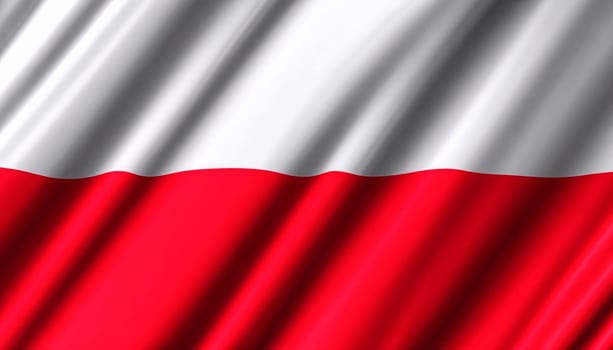 Fabric texture flag of Poland. Flag of Poland waving in the wind. Poland flag is depicted on a sports cloth fabric with many folds. Sport team banner.