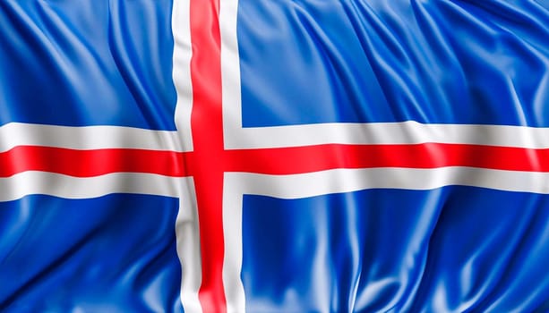 Iceland flag with big folds waving close up under the studio light indoors. The official symbols and colors in fabric banner
