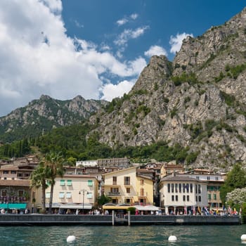 View of the old town of Limone Sul Garda on Lake Garda in Italy from the water