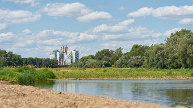 Landscape at the river old Elbe in Magdeburg. In the background the construction site of the new Kaiser-Otto-Bridge