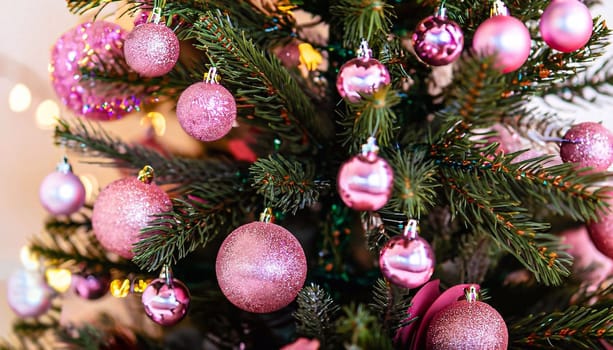Cropped shot of young woman wearing pink knitted sweater holding the burning sparkler, over the blurred Christmas background with decorated pine tree and bokeh lights. Close up, copy space for text.