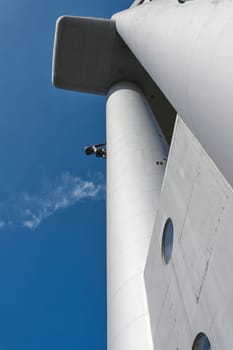 The Žižkov television tower In the Žižkov district of Prague with view from below