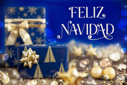 Spanish Text Feliz Navidad, Means Merry Christmas In English, Golden Blue Shiny Christmas Decor, Winter Background