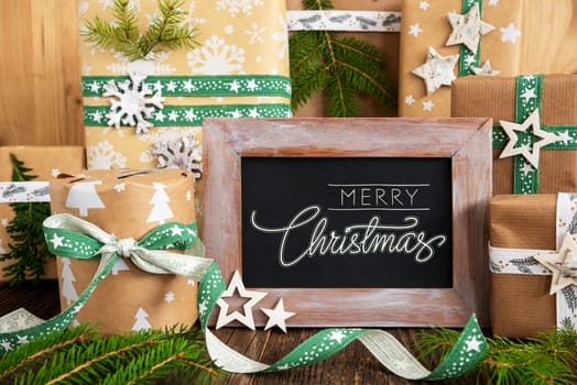 Text Merry Christmas, Eco, Sustainable, Green Christmas Or Winter Background, Natural Decoration