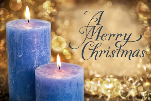 Text A Merry Christmas, With Blue Candles, Warm And Cozy Winter Background, Golden Christmas Decoration