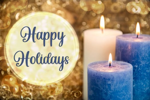 Text Happy Holidays, With Candles, Golden, Glittering Winter Background, Festive, Cozy Atmosphere Christmas Decoration