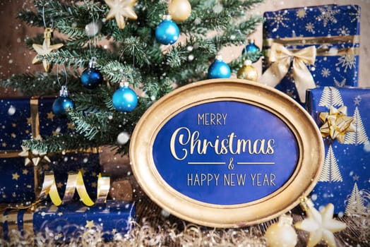 Text Merry Christmas And Happy New Year, In Golden Oval Frame, Christmas Tree With Golden And Blue Decoration, Winter Background
