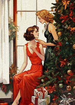 A Christmas tree stands against a bright French window and white curtains. Under its branches, a girl in a red evening dress sits, and another in green stands nearby. She gently touches the chin of her lover. Their passion and tenderness seem to merge with the festive atmosphere. Or is it all just a fantasy of the girl in red: in her dreams, the Christmas tree turns into a beautiful girl in green.