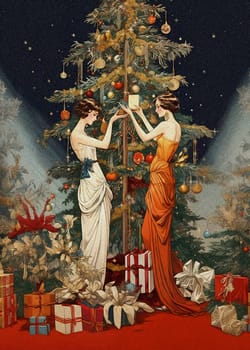 Vintage Christmas Tree Decor: Two elegant women in 1920s and 1930s evening gowns, one in a pearl dress with a blue bow, the other in red, adorning a tree under a starry night. Emotive vintage scene evoking nostalgia and hope.