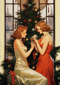 Picture of Tenderness - Against a sparkling Christmas tree and an exquisite French window stand two women. One in an alluring red evening gown, the other in pearl gray. One of the women unwraps a box, a gift from her female lover. The touching of their fingers speaks of endless tenderness and passion. A magnificent illustration that captures hearts.