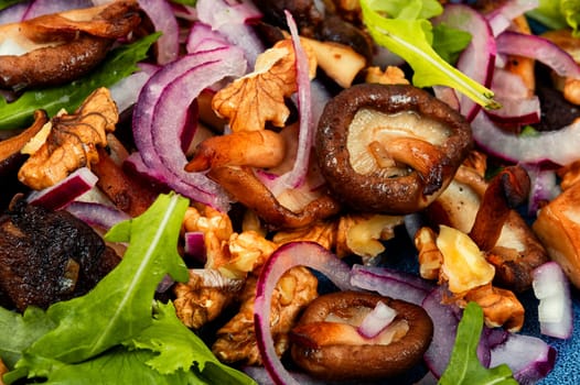 Dietetic warm salad with grilled forest mushrooms, onions, herbs and walnuts.