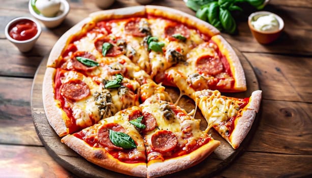 A top view of delicious and appetizing assorted pizzas on a wooden table