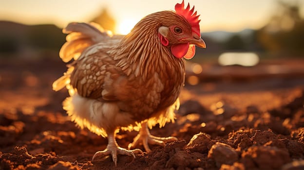 brown chicken looking for food in the farm yard at sunset. free-range chickens.Generative AI