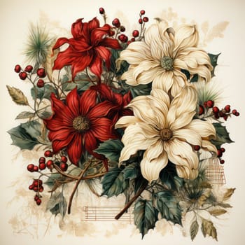 Floral arrangement with poinsettia, pine trees, berries, eucalyptus in a traditional bright color palette. Christmas card in watercolor.Generative AI