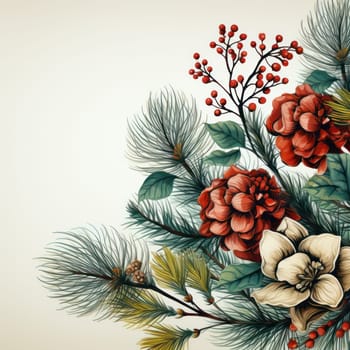 Floral composition with pine trees, berries, eucalyptus in a traditional bright color palette. Christmas card in watercolor.Generative AI