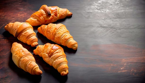 French food for breakfast. Fresh baked croissants. Dark wood background
