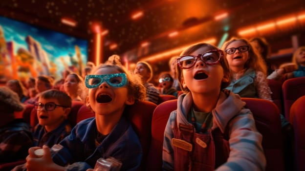 children in colorful glasses watch a performance in an entertainment center or circus in delight. Generative AI