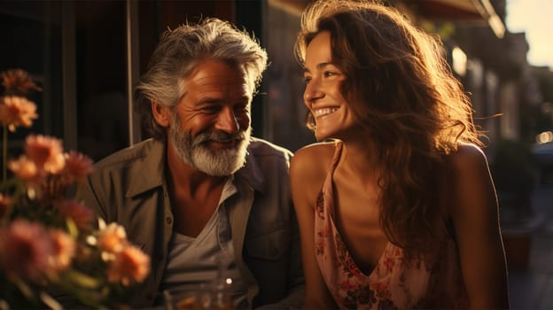 Joyful middle-aged couple, man and woman, on the veranda in the garden.Generative AI