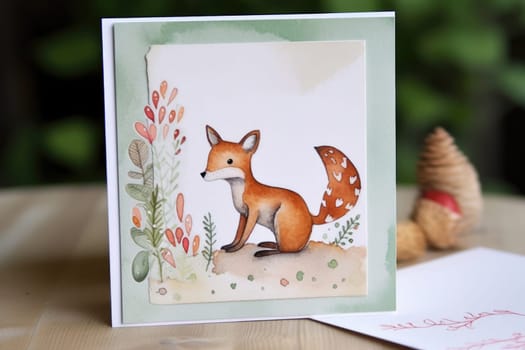 Greeting card on table, copy space. Generative AI