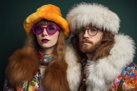 Glam rock style. Portrait of a glamorous attractive couple in fashionable bright clothes and glasses against a studio background.Generative AI